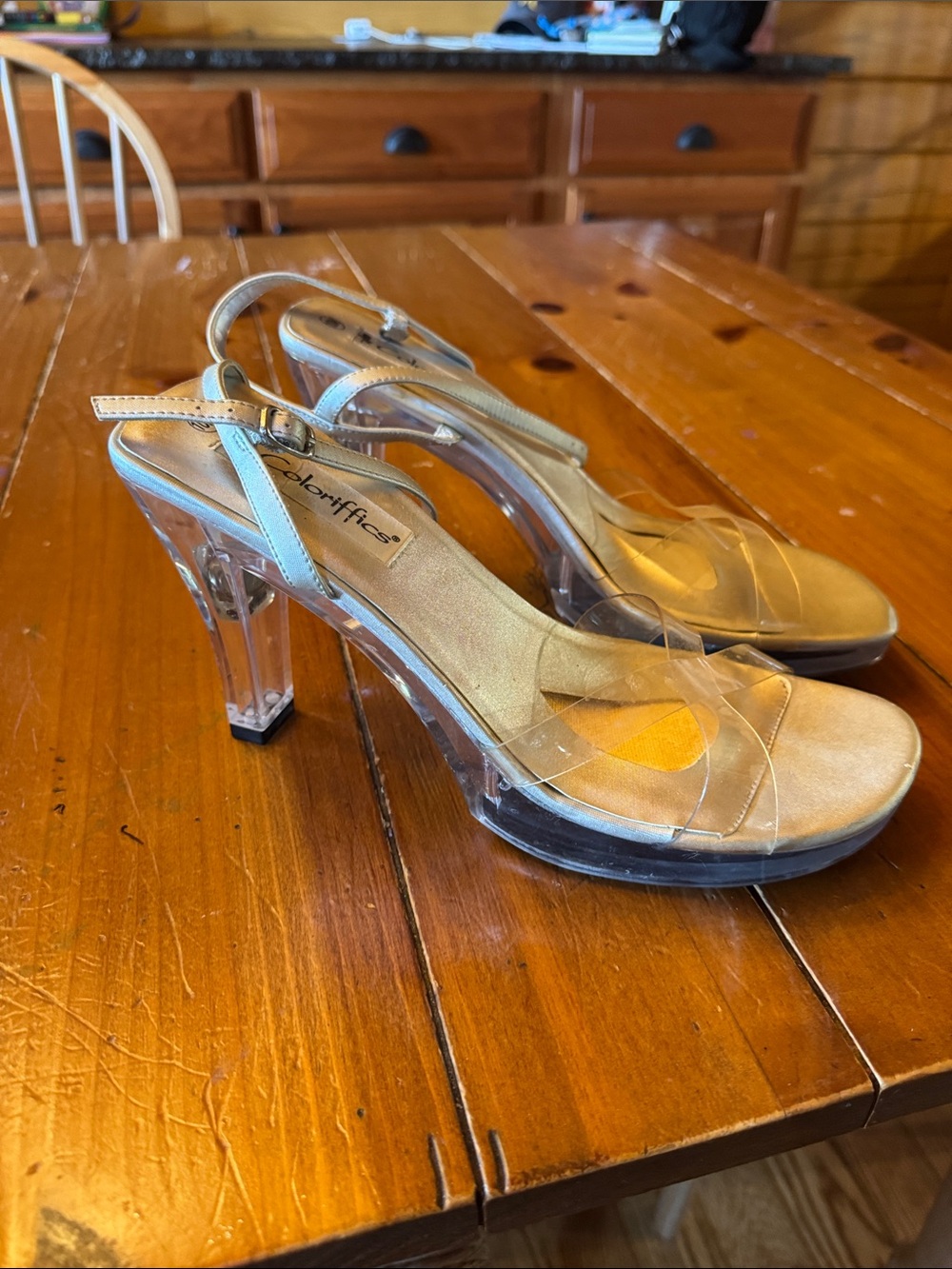 bebe Gold Platform Heeled Sandals with Clear Straps
